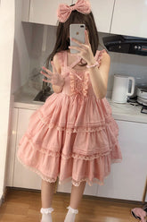 Robe Jsk Lolita Sweet en dentelle à nœud triple couche à volants rose First Love